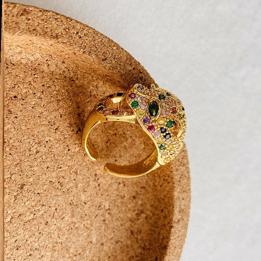 Colorful crystal leopard open ring