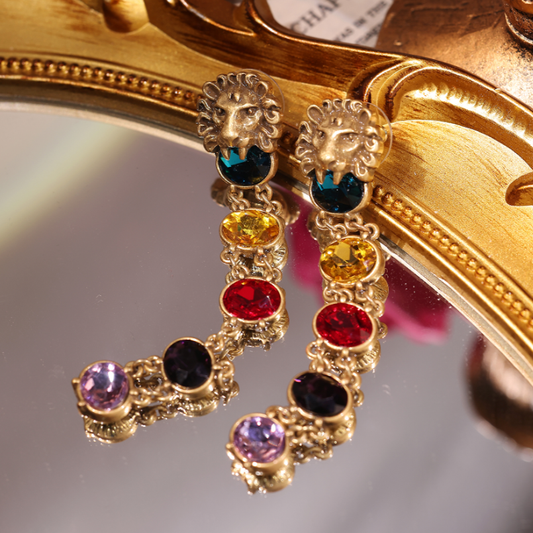 Colorful rhinestone vintage lion earrings