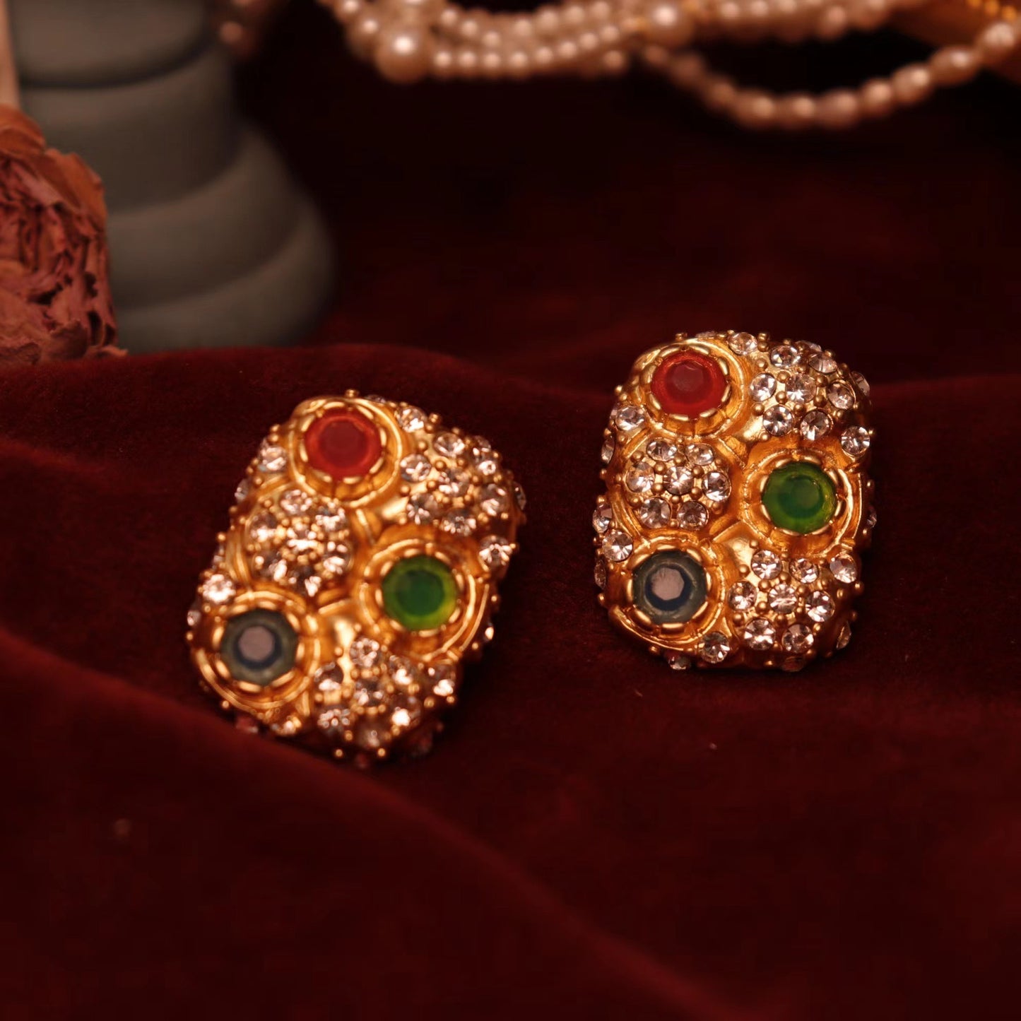 Colored gemstones rectangle vintage earrings