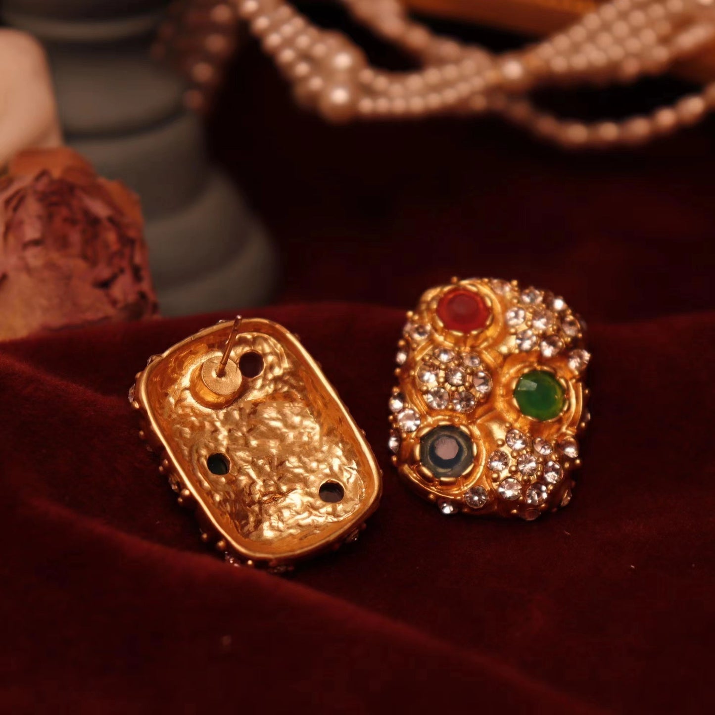 Colored gemstones rectangle vintage earrings