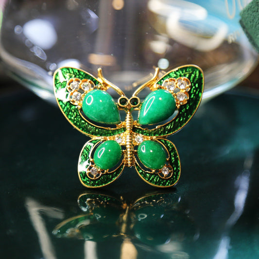 Classic green natural stone butterfly brooch