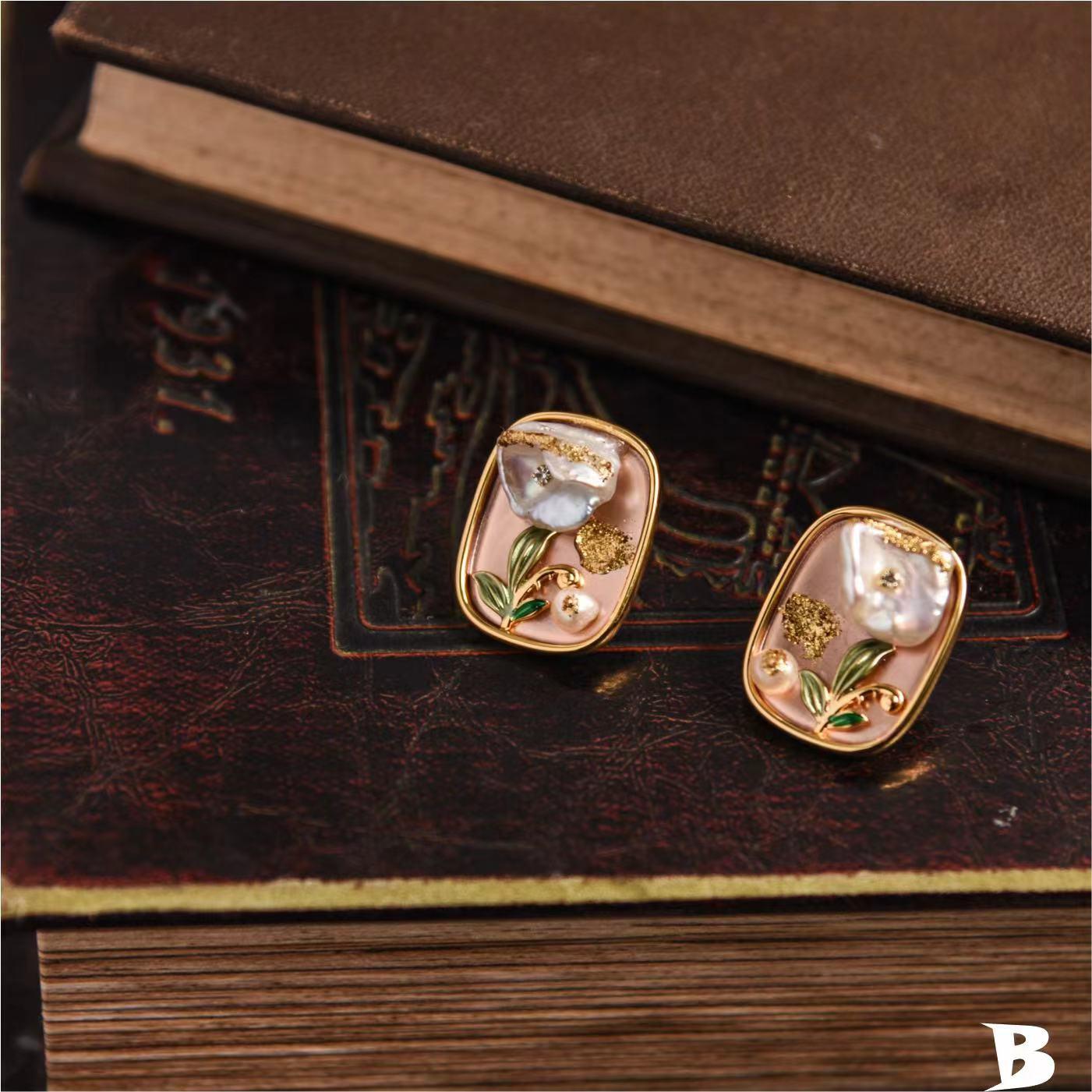 Handmade natural baroque oil painting earrings