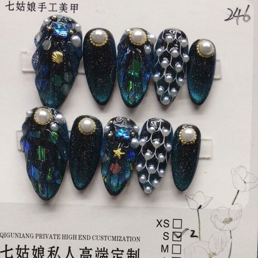 100% Handmade press on nails- Blue ocean shell