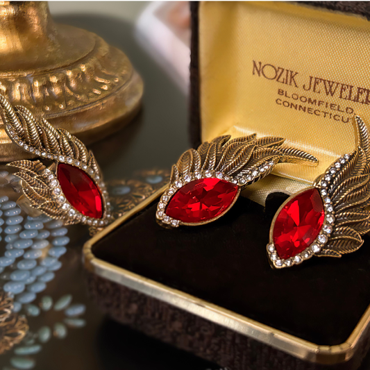 Flaming phenix ruby finely carved wings necklace and earrings set